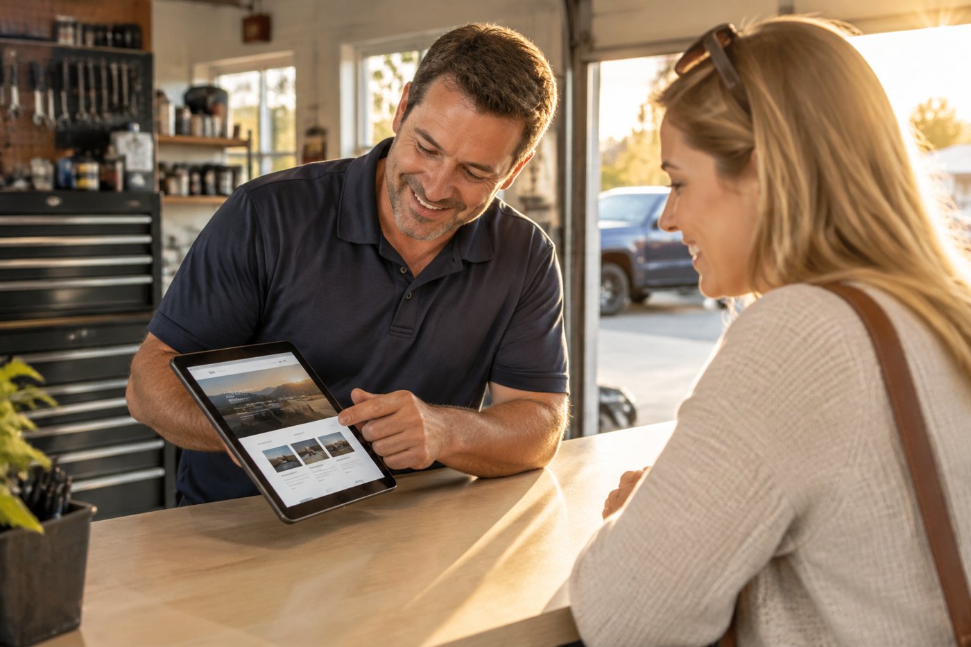 A business owner showing their new website on a tablet